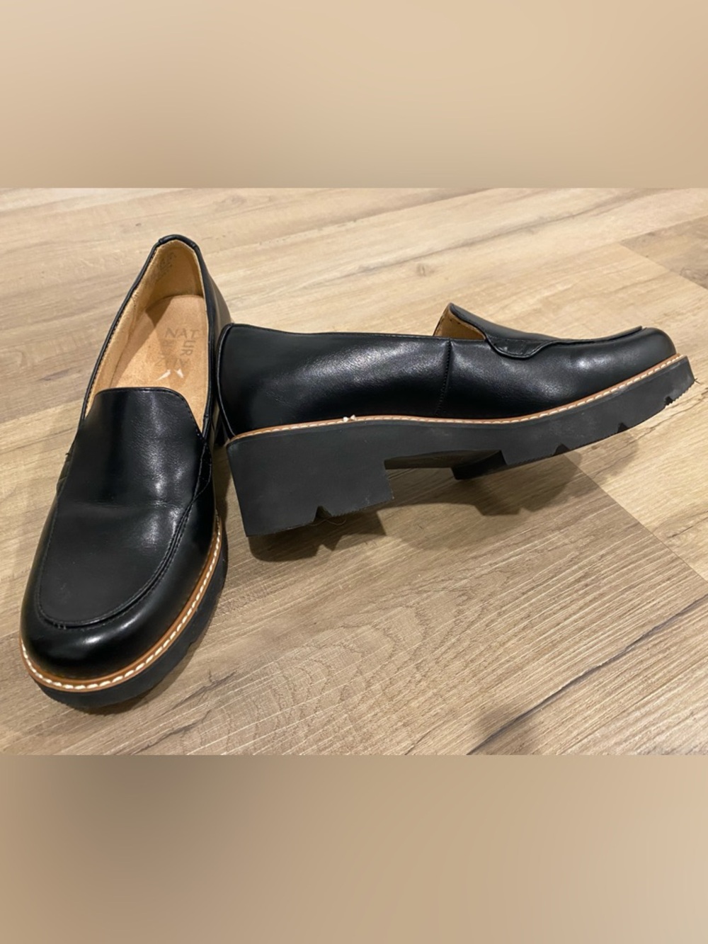 Naturalizer Black Leather Lug Sole Slip-On Loafers